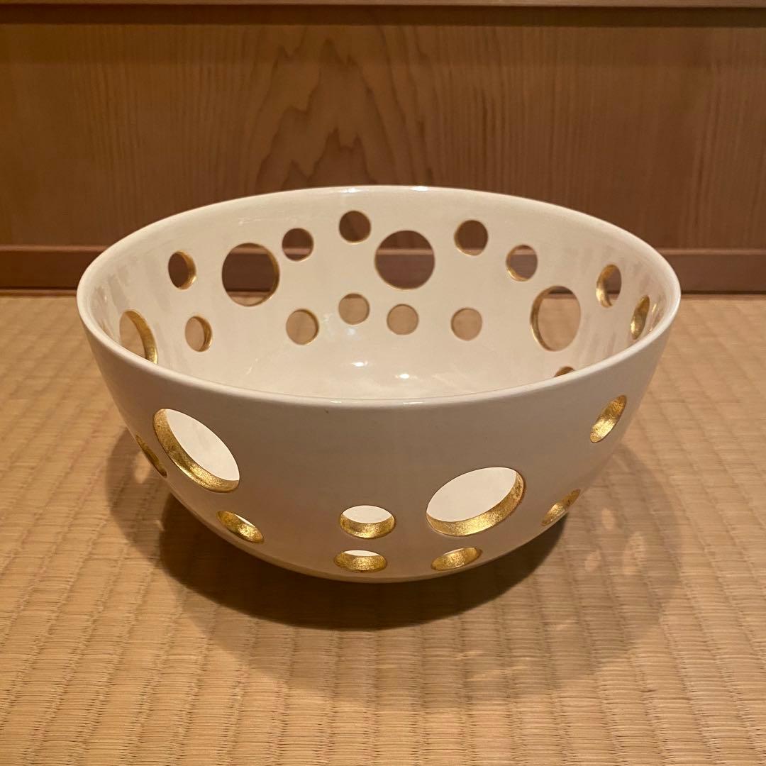 中村翠嵐　菓子器　白交趾　水玉透　新古品　白　金　菓子鉢