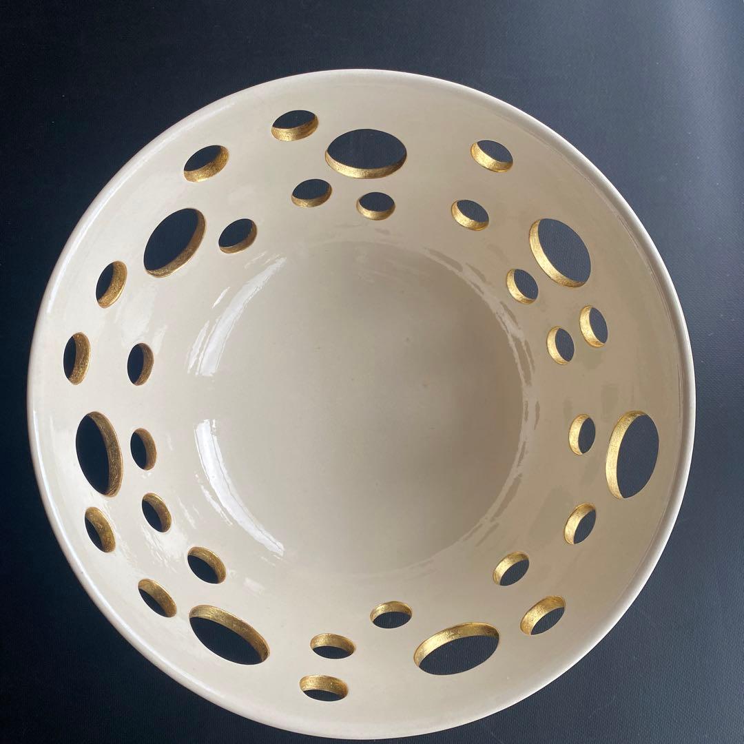 中村翠嵐　菓子器　白交趾　水玉透　新古品　白　金　菓子鉢