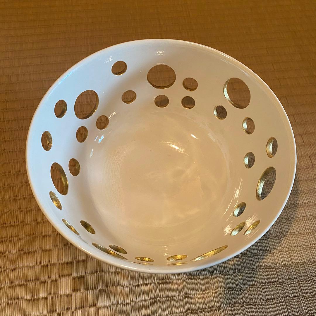 中村翠嵐　菓子器　白交趾　水玉透　新古品　白　金　菓子鉢