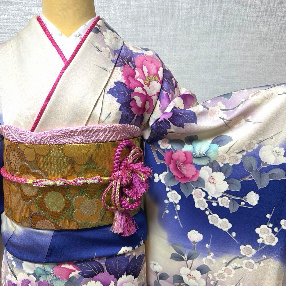 20 振袖フルセット 正絹 ブルー 青紫 赤紫 銀彩 刺繍 暈し染め 華やか