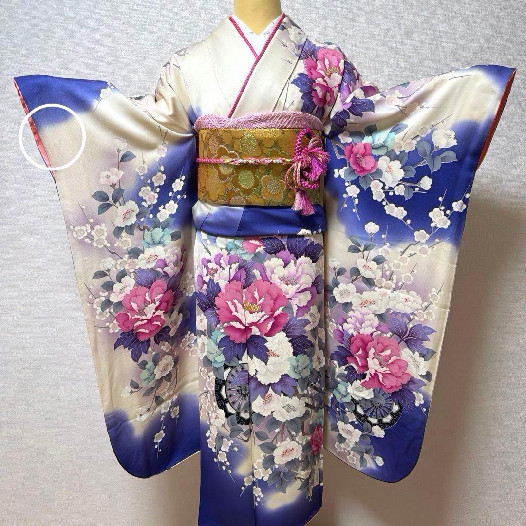 20 振袖フルセット 正絹 ブルー 青紫 赤紫 銀彩 刺繍 暈し染め 華やか