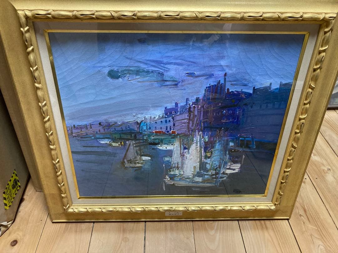 【額装/ガラス入】桐生照子『白い帆船』マリーナ風景 絵画（技法不詳）ヨット