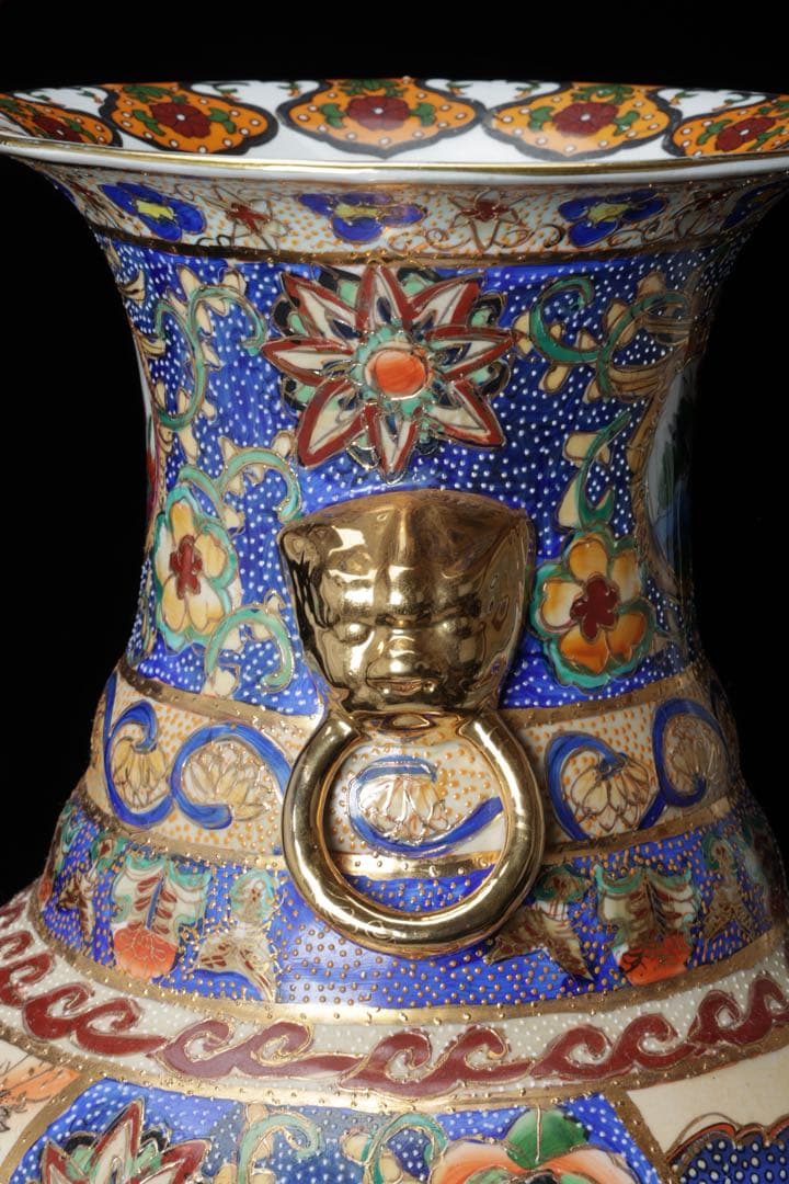 薩摩焼 金薩摩 花鳥紋 大花瓶 鶴 鳳凰 高さ61.5㎝ 壺 耳付き 古美術品