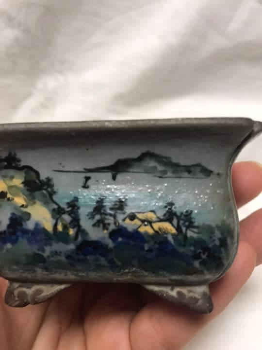 盆栽鉢　時代希少名工陶翠絵付け五彩色隅入り袋長方鉢泥鉢ミニ盆栽鉢豆鉢高級鉢木箱入