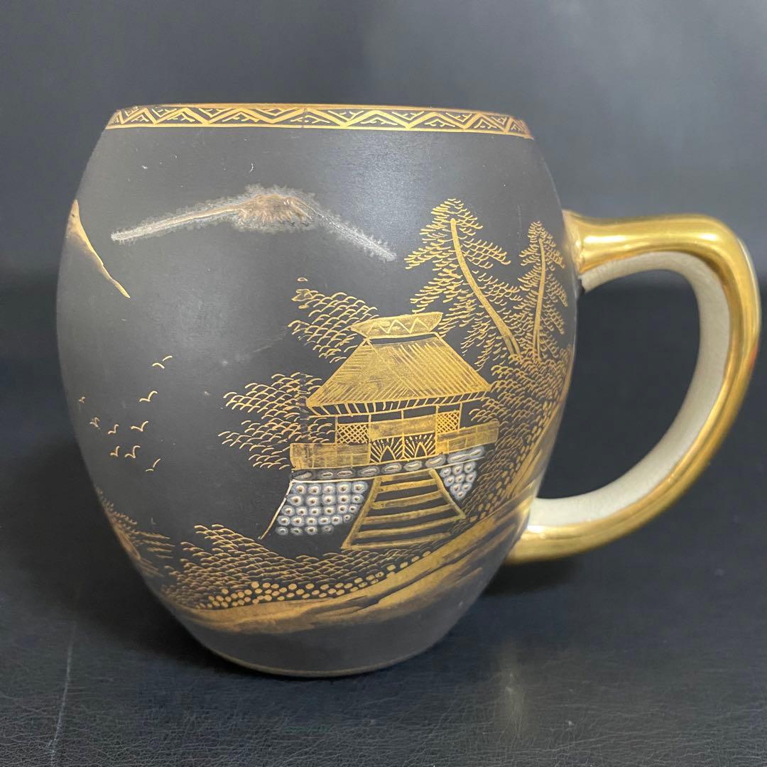蔵出し　昭和初期　九谷焼 マグカップ ビアカップ　戦前輸出用　黒地に金彩 レトロ