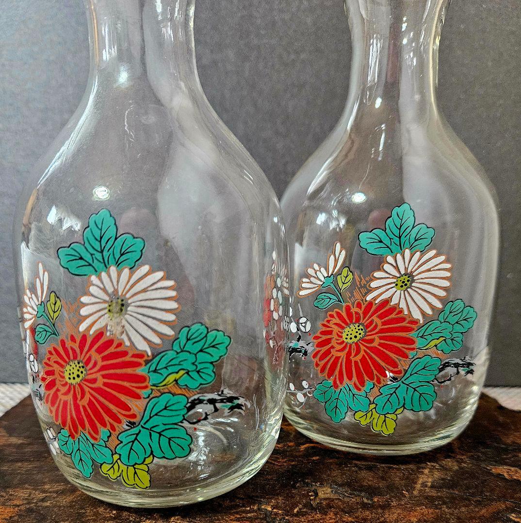 時代物❗昭和戦前頃　古硝子　ガラス絵　 菊花に梅花図　酒徳利一対　酒器