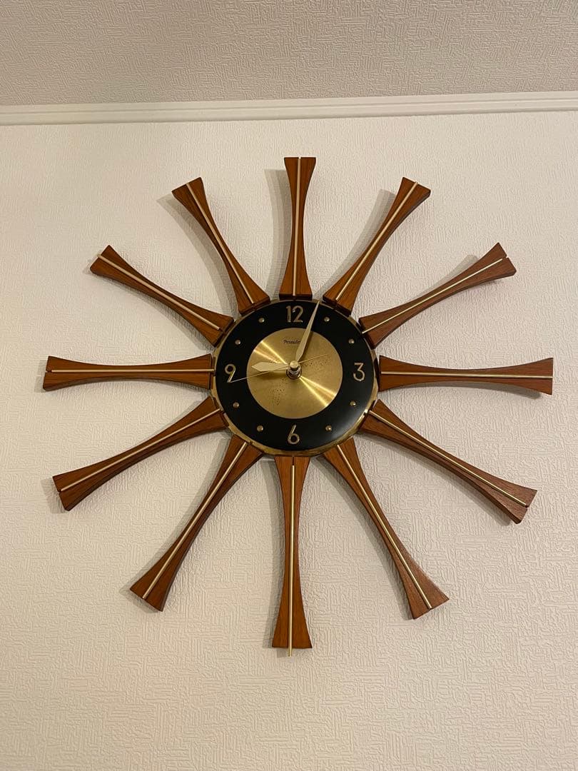 米国 フォレストビル チーク材 真鍮 60s サンバーストクロック 壁掛け時計