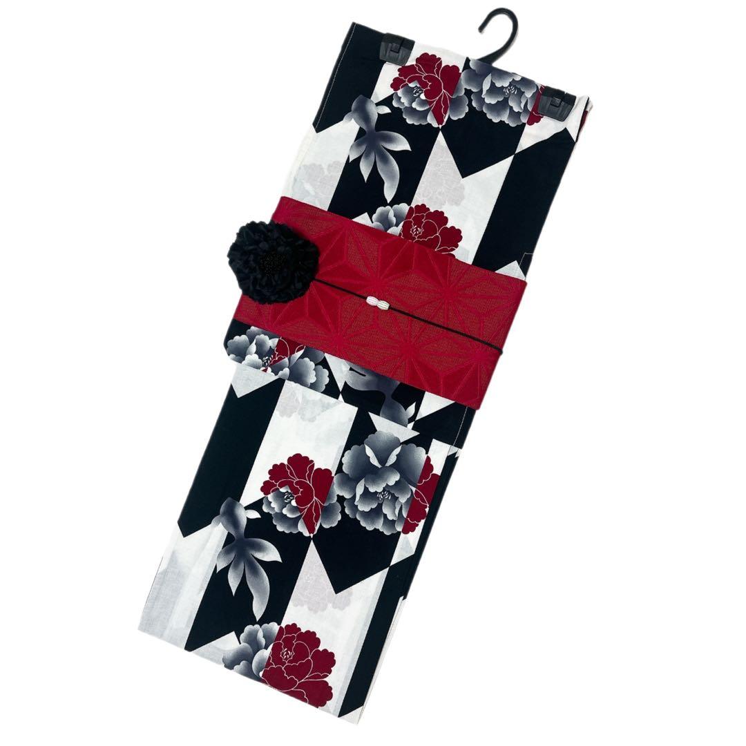 SALE 浴衣ジェンヌ 浴衣5点セット 黒×白 矢絣 矢羽 半幅帯 下駄 赤