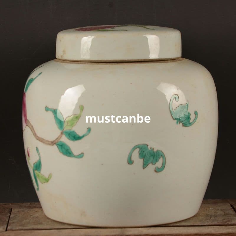 絵パステル九桃蓋缶 茶筒 景徳鎮 陶磁器 装飾品 現代工芸品 美術品 置物