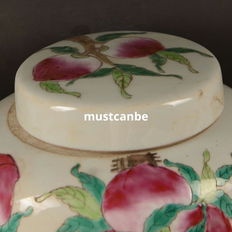 絵パステル九桃蓋缶 茶筒 景徳鎮 陶磁器 装飾品 現代工芸品 美術品 置物