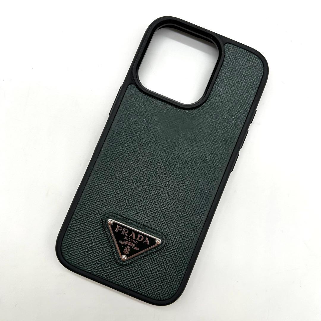 PRADA iPhone15pro ケース サフィアーノ 三角ロゴ グリーン