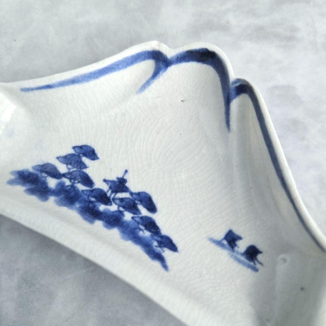 古伊万里　染付　変形小皿　富士山　江戸時代　松原　骨董　金継ぎ　アンティーク