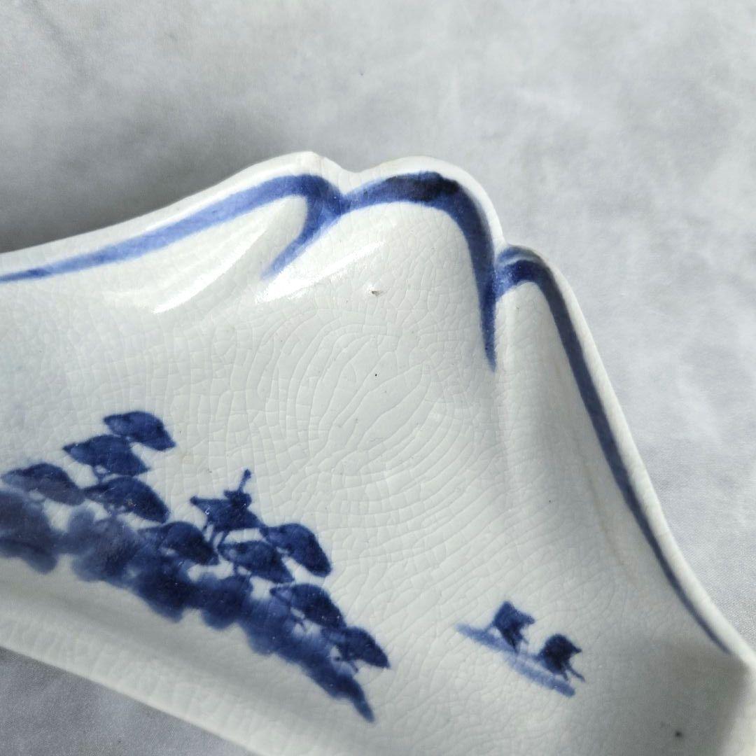 古伊万里　染付　変形小皿　富士山　江戸時代　松原　骨董　金継ぎ　アンティーク