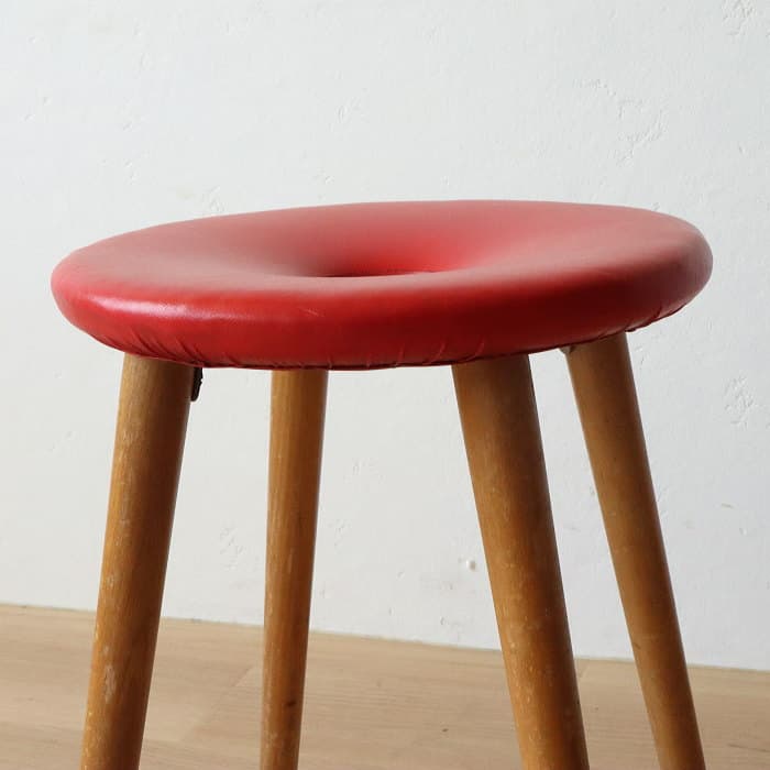 アンティーク 木製 赤 丸スツール 古家具 ブナ リング レトロ