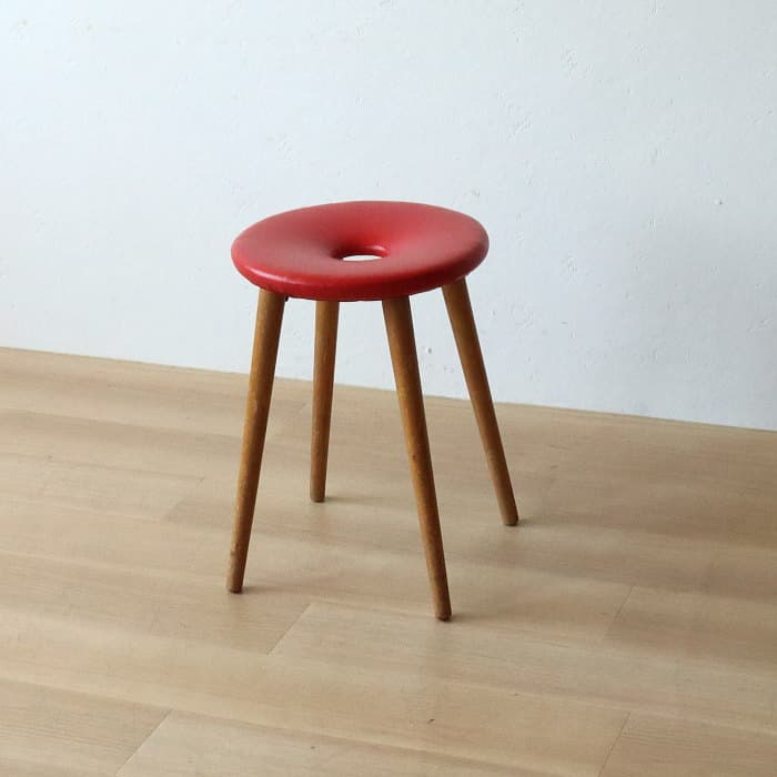 アンティーク 木製 赤 丸スツール 古家具 ブナ リング レトロ