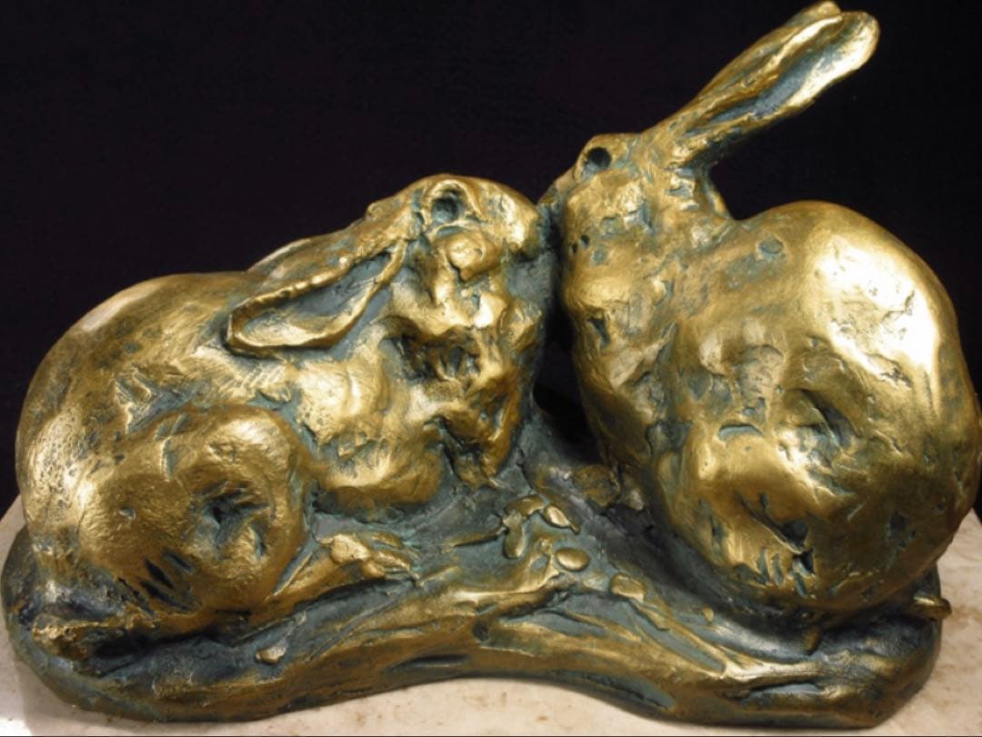 文化勲章受章彫刻家「西村西望」造 彫刻兎に題す 銘「かたらい」ブロンズ像