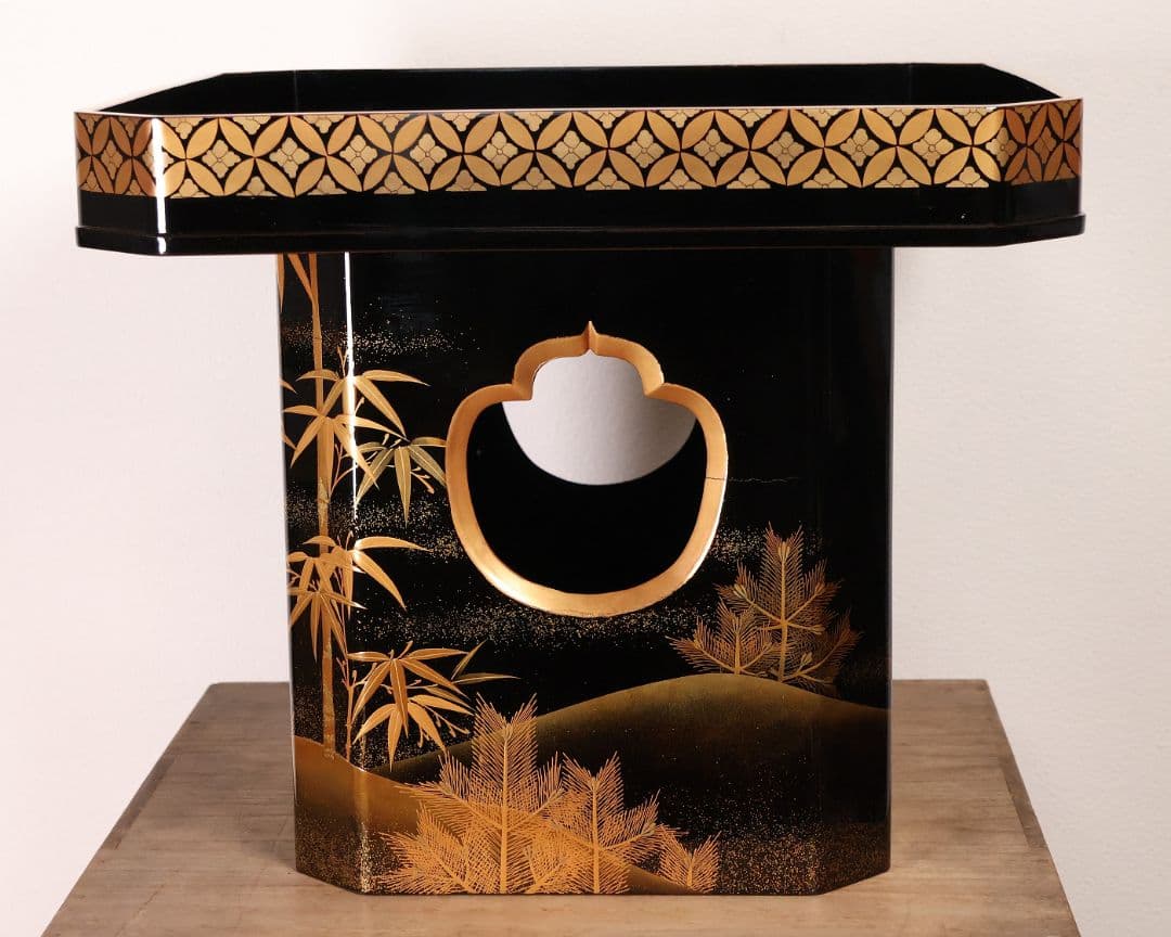 漆芸 松竹梅鶴金蒔絵 花七宝 三宝台 三方台 天然木製漆塗 供物台【MB111】