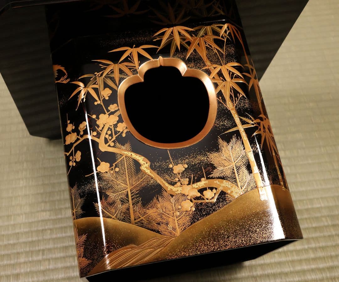 漆芸 松竹梅鶴金蒔絵 花七宝 三宝台 三方台 天然木製漆塗 供物台【MB111】