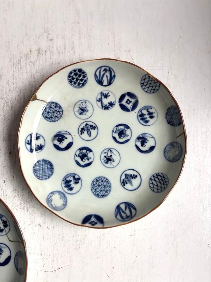 679 骨董 古伊万里 太明成化年製 丸紋染付5寸皿 2点組 幕末 金継ぎ