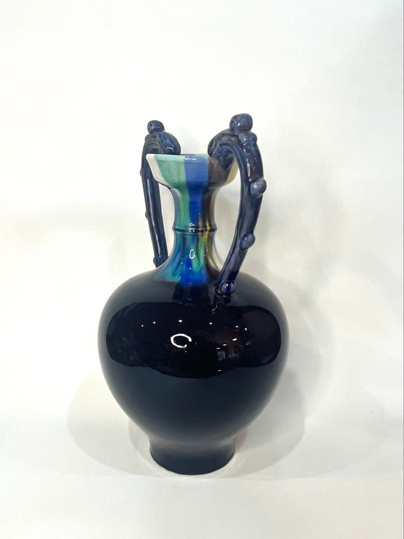 【人間国宝】三代 徳田八十吉 【正彦銘】彩釉 耳付壺 約37.5cm 龍耳