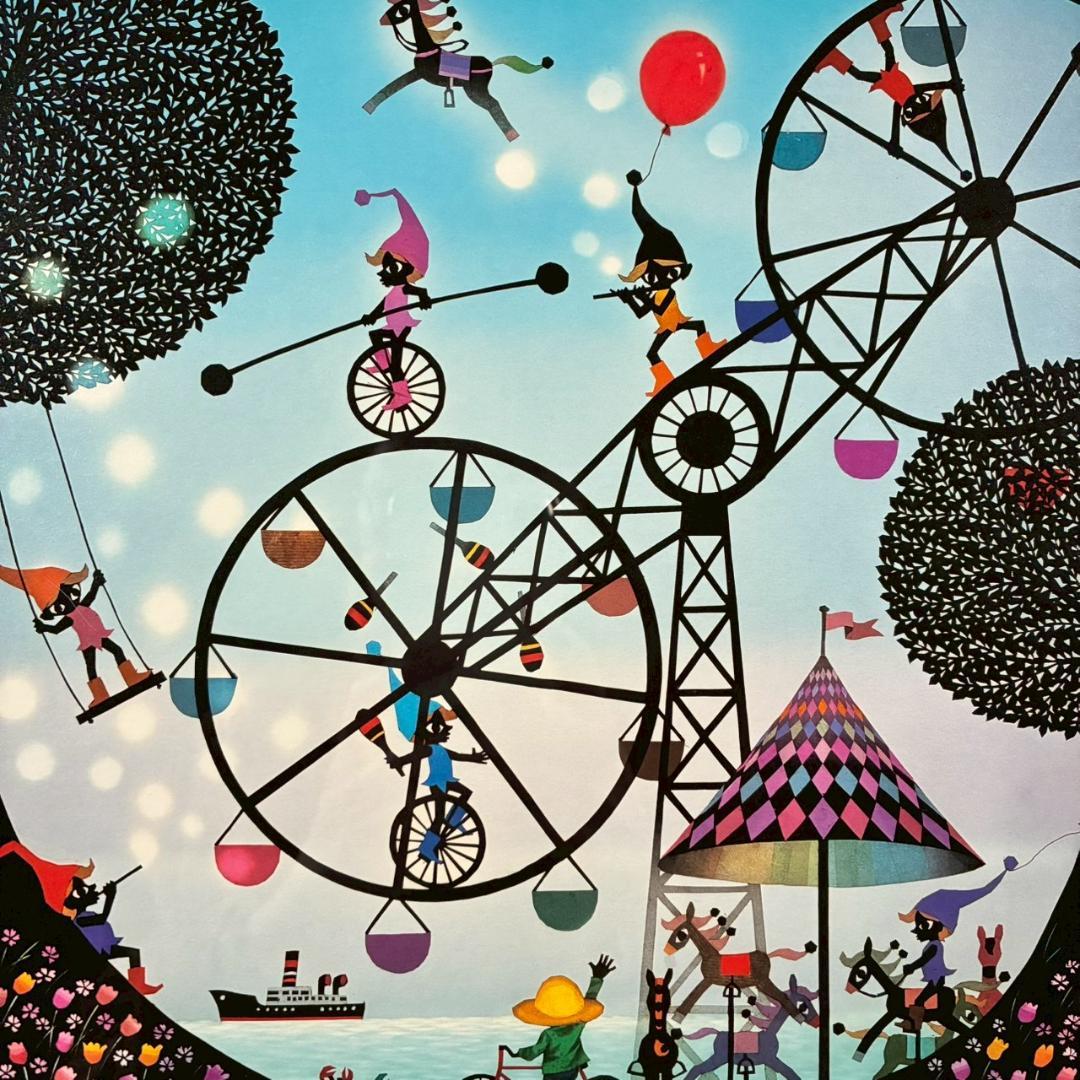 【ぽぬお】藤城清治「海の見える遊園地」「コスモスとこびと」2点セット