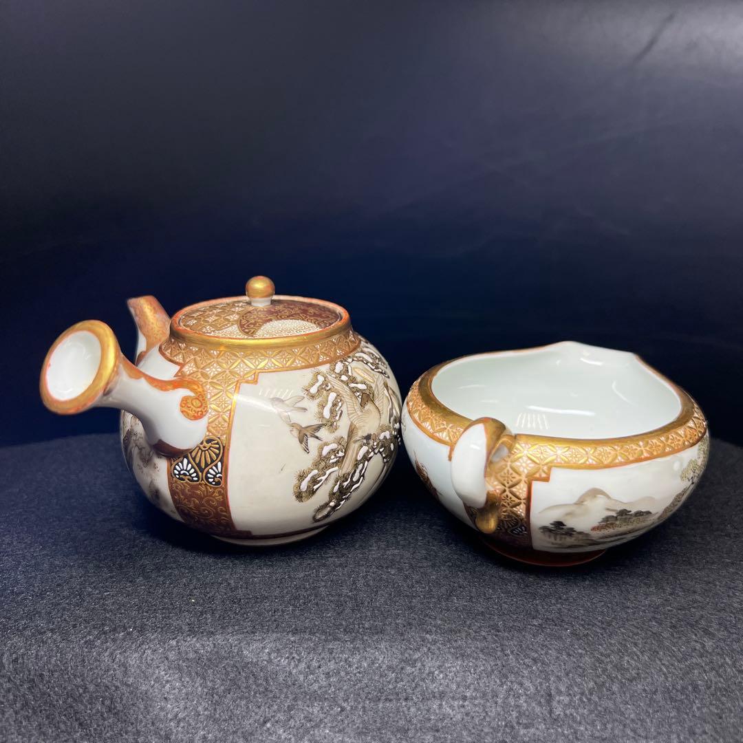 明治時代　九谷焼　金蘭手人物画煎茶器セット　木箱　東Y8-0108☆2Fトヒサカ