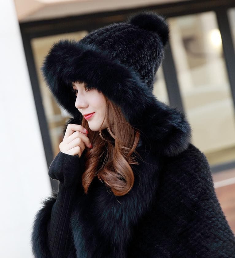 新品限定◆フォックスとミンク編みこみ帽子 ◆ポンポン付き/黒◆毛皮ファー