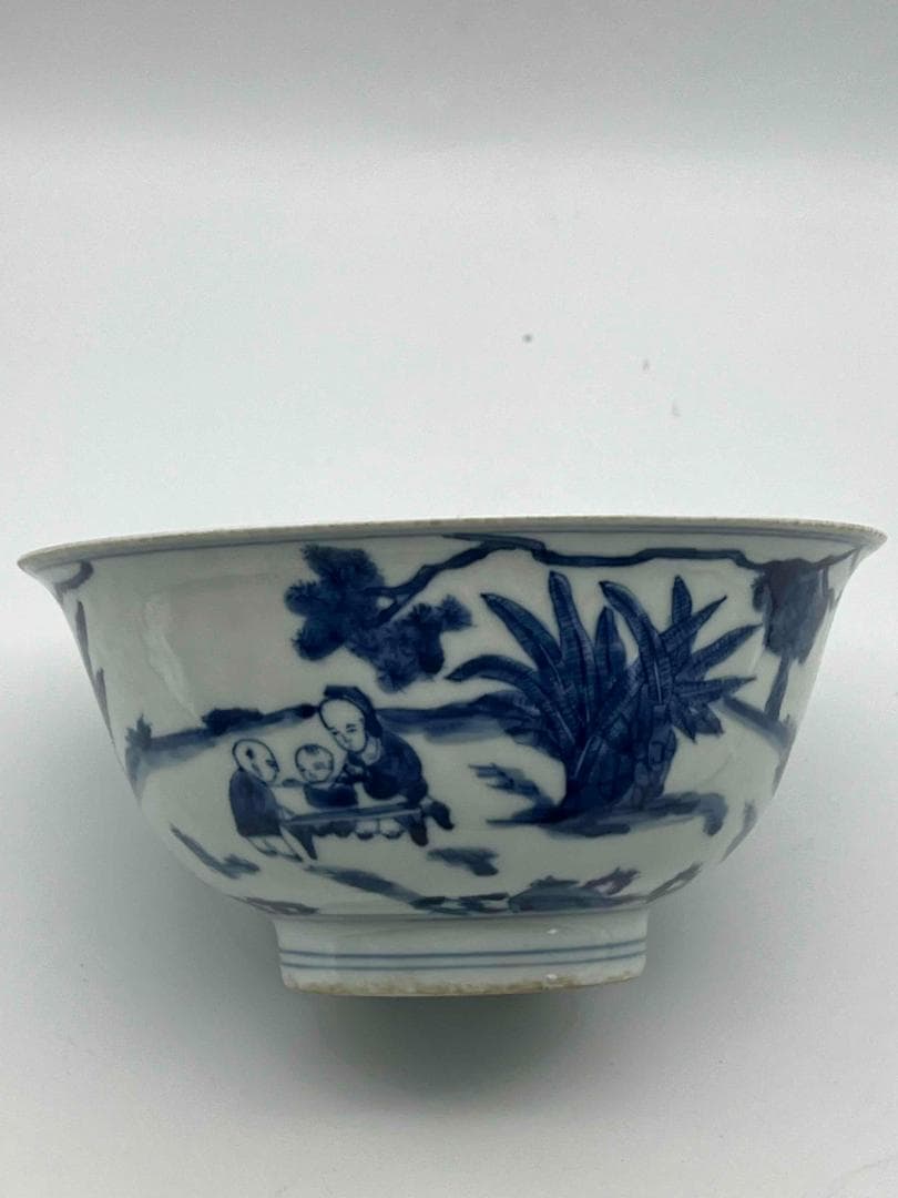 清康煕時代　染付 青花人物子供遊び図碗　青花茶碗　旧家コレクション(B-81)