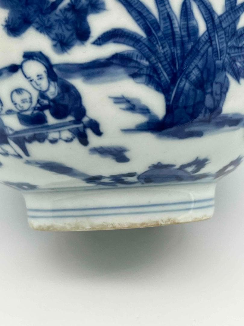 清康煕時代　染付 青花人物子供遊び図碗　青花茶碗　旧家コレクション(B-81)