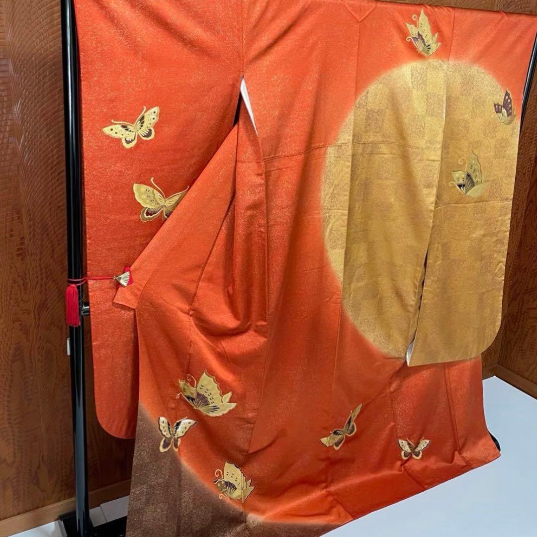 振袖 超 トールサイズ 金駒刺繍 箔 金彩 蝶の舞 望月 正絹 裄71 v015
