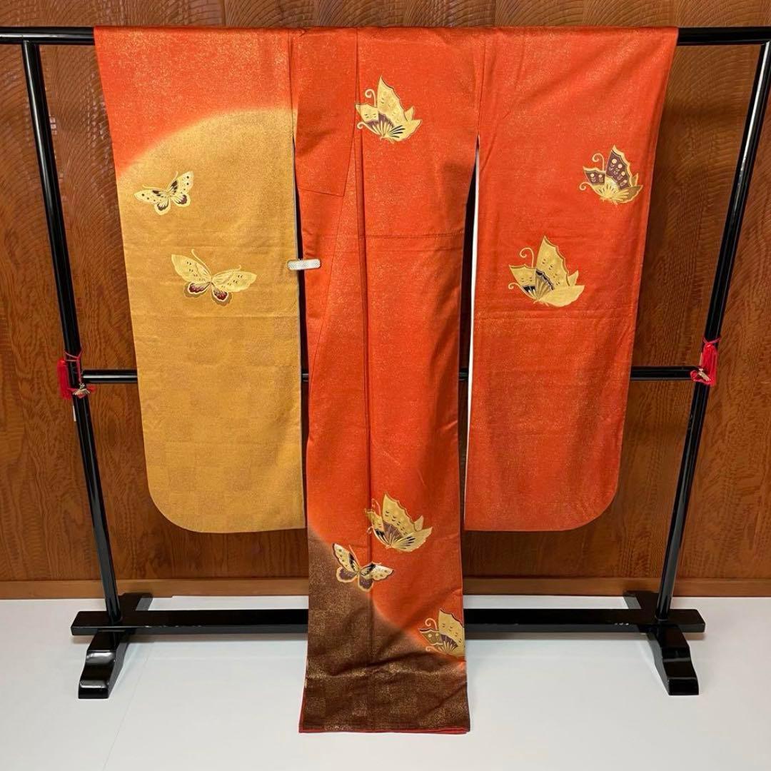 振袖 超 トールサイズ 金駒刺繍 箔 金彩 蝶の舞 望月 正絹 裄71 v015