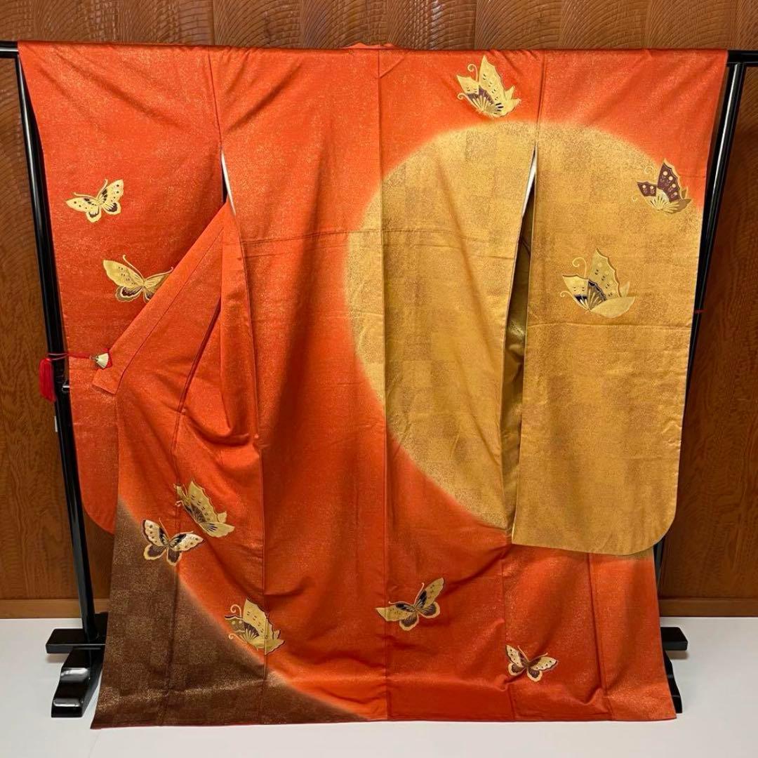 振袖 超 トールサイズ 金駒刺繍 箔 金彩 蝶の舞 望月 正絹 裄71 v015