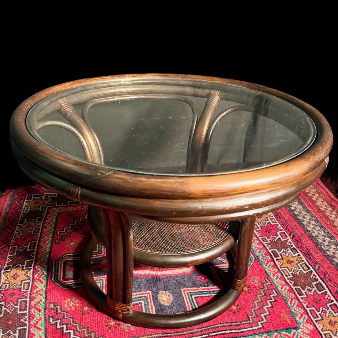 HR779 ラタン　籐　ガラストップテーブル