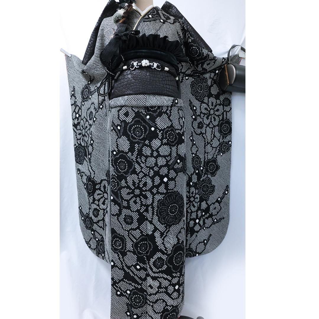 ^_−☆◆ 振袖7点セット ◆フルセット総絞り黒白sS11