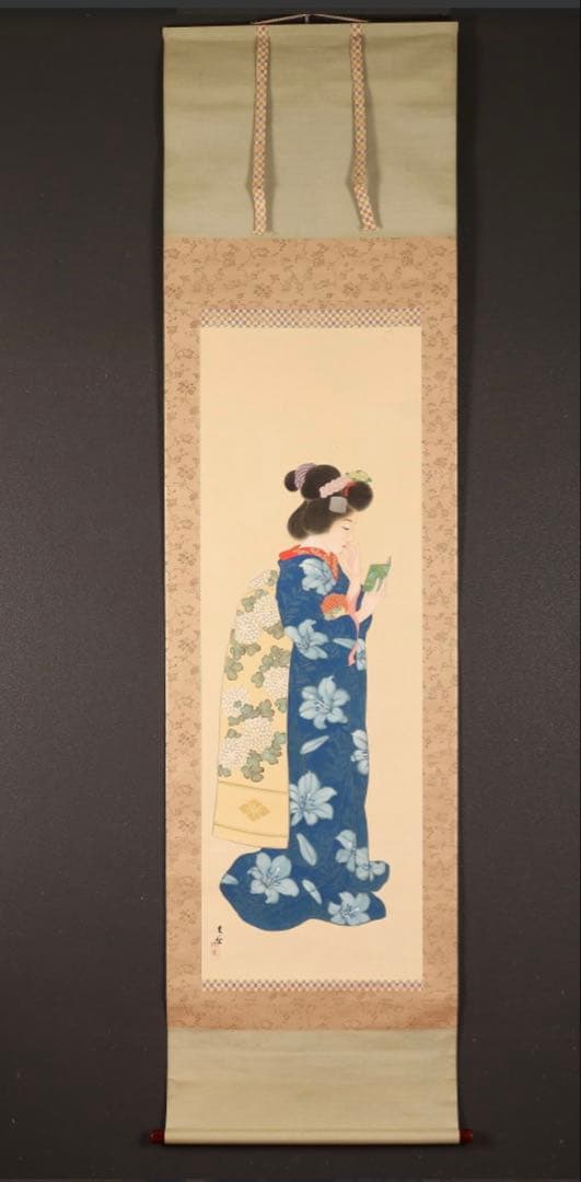 掛軸＜岡本大更＞手鏡に化粧美人図「紅」（HP1442）