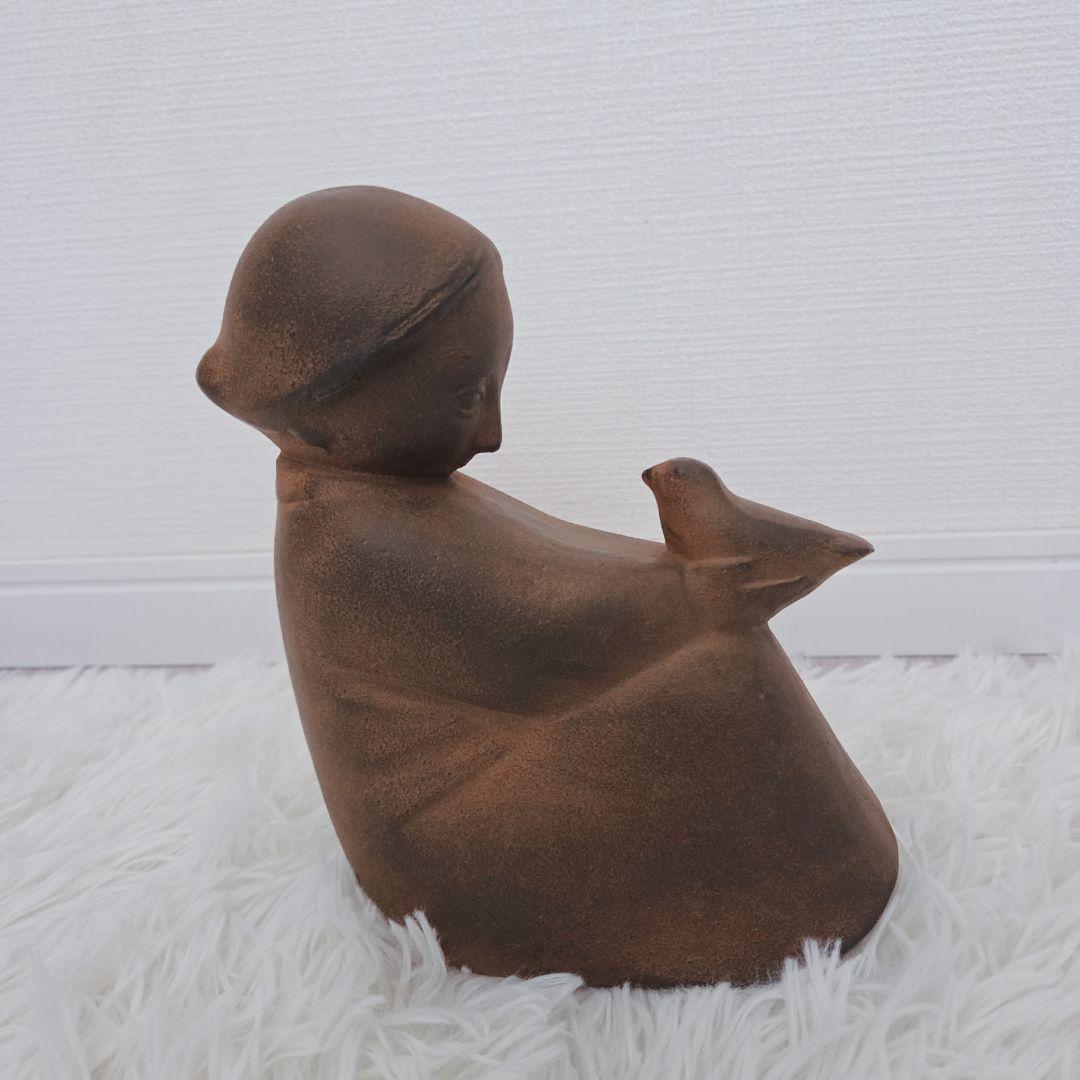 山本正道　鳩と少女　彫刻　オブジェ　女の子　青銅　鉄　鳥　骨董品　ビンテージ　栞