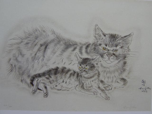 藤田嗣治、【二匹の猫】、希少な画集より、新品高級額・額装付