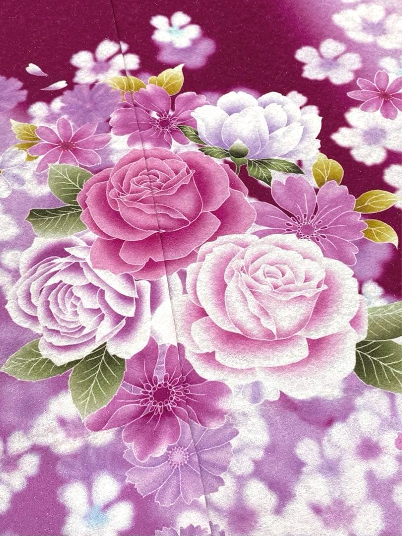振袖 仮絵羽 京友禅 銀通し 紋意匠 薔薇 正絹 未仕立て品 八掛付き