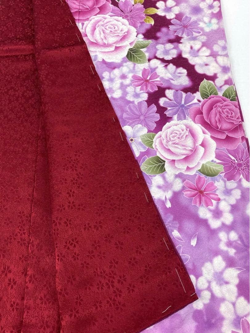 振袖 仮絵羽 京友禅 銀通し 紋意匠 薔薇 正絹 未仕立て品 八掛付き