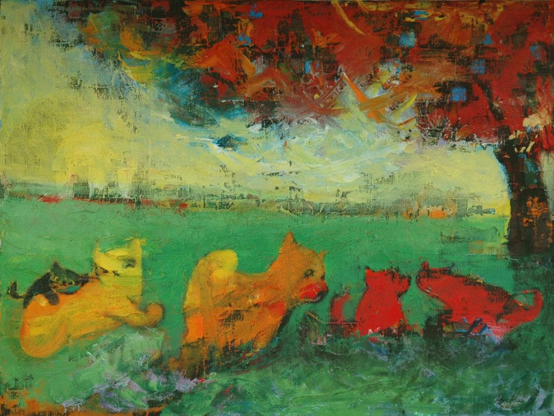 油絵 菅家令子 絵 絵画インテリア 額付(白) uF6-071219 猫たちと犬