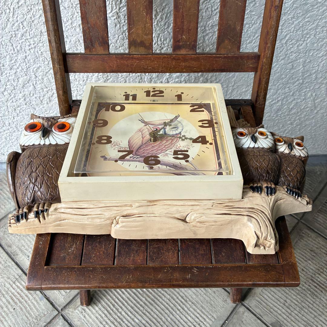 レアBIG！60s〜70s フクロウ親子の壁掛け時計　梟アメリカアンティーク雑貨