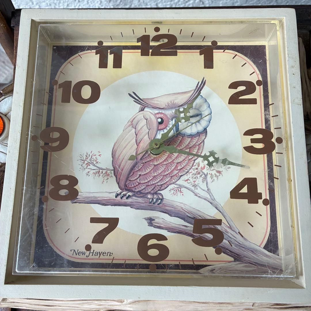 レアBIG！60s〜70s フクロウ親子の壁掛け時計　梟アメリカアンティーク雑貨