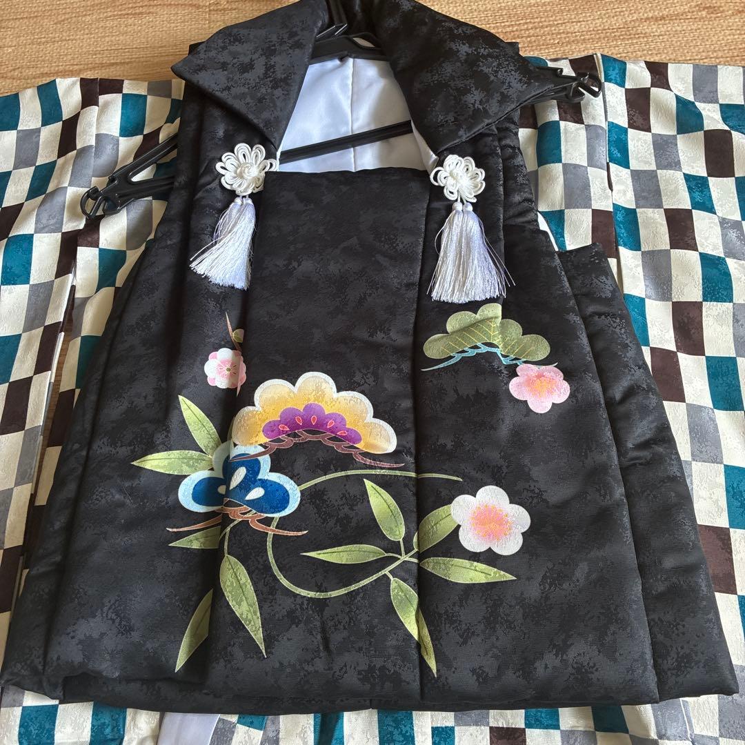 まつ　　　七五三用衣装 黒と青のチェック柄　被布