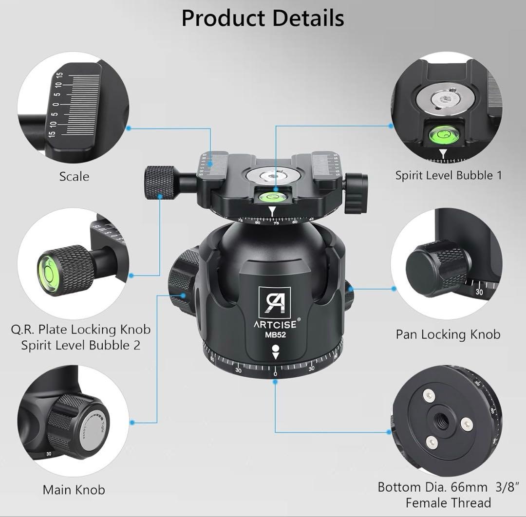 52mm ボール雲台 自由雲台 一眼レフ ビデオカメラ用 最大耐荷重 30キロ