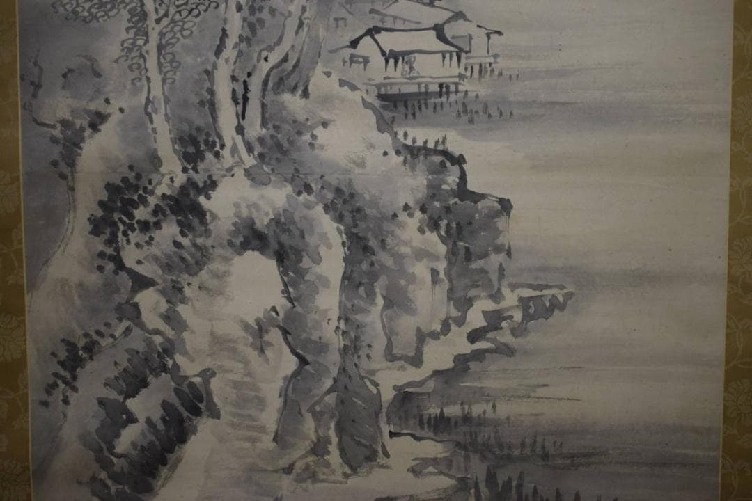 真作/谷文晁/山水集落図/山水図/布袋屋掛軸HJ-34