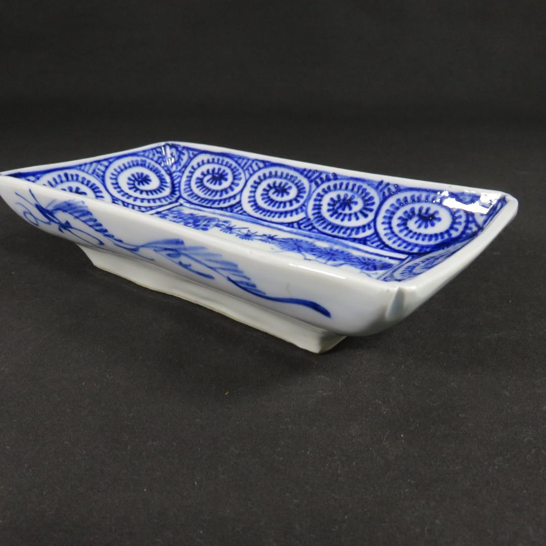 角皿 5枚 染付 古伊万里 江戸 明治 唐草 松竹梅 窯傷 歪み