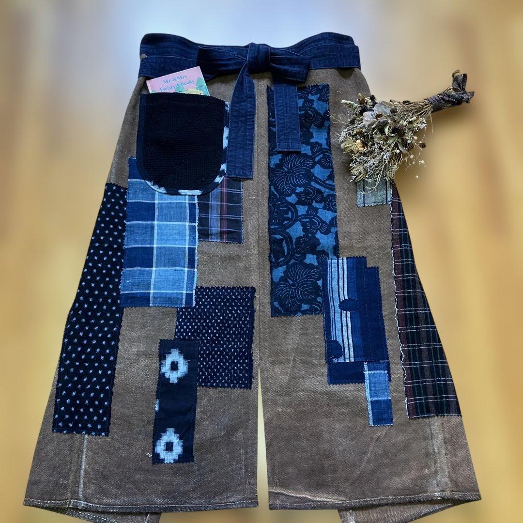 柿渋染め酒袋古布型染め雪ん子格子、縞木綿庄内刺し子ポケットリメイク前掛け男女兼用