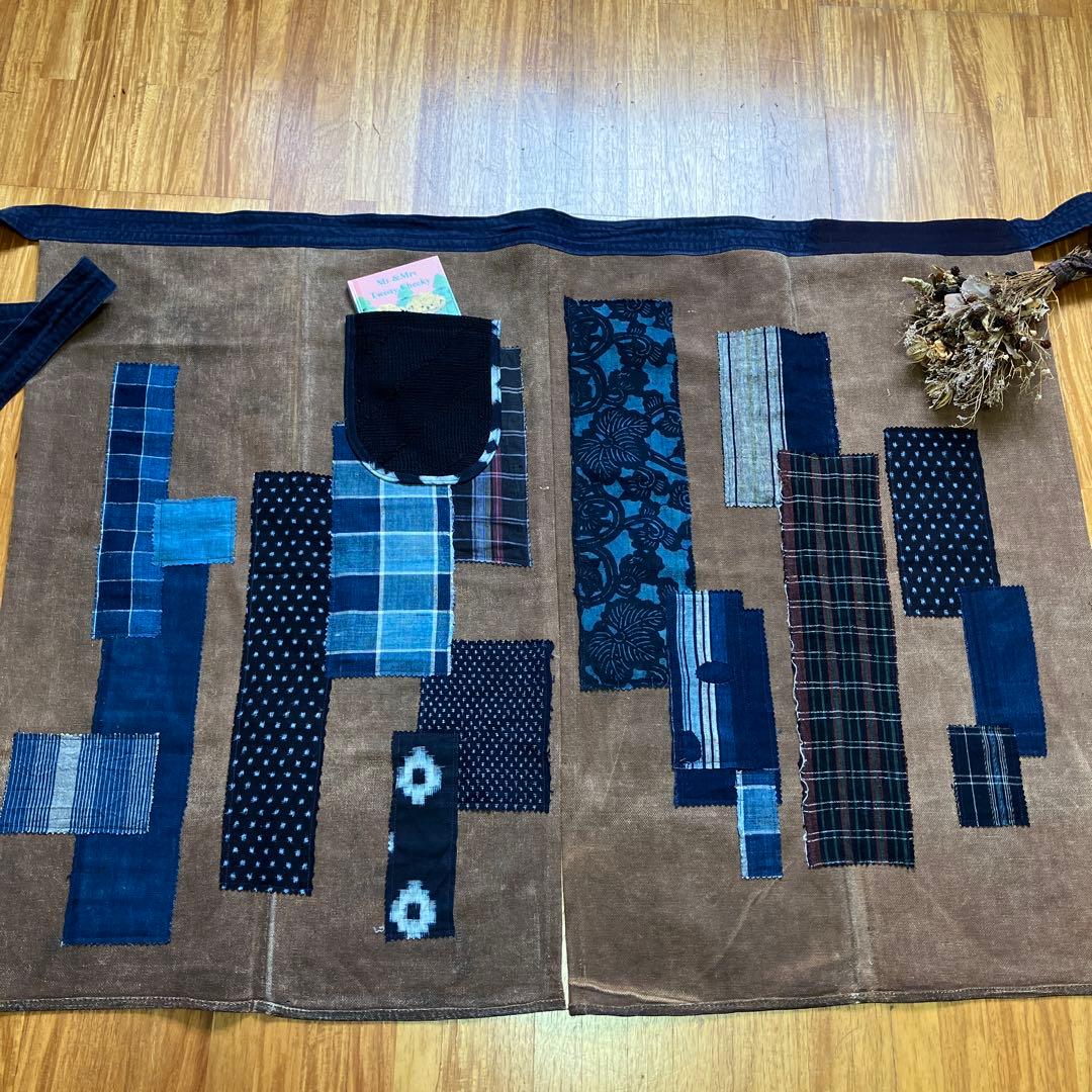 柿渋染め酒袋古布型染め雪ん子格子、縞木綿庄内刺し子ポケットリメイク前掛け男女兼用
