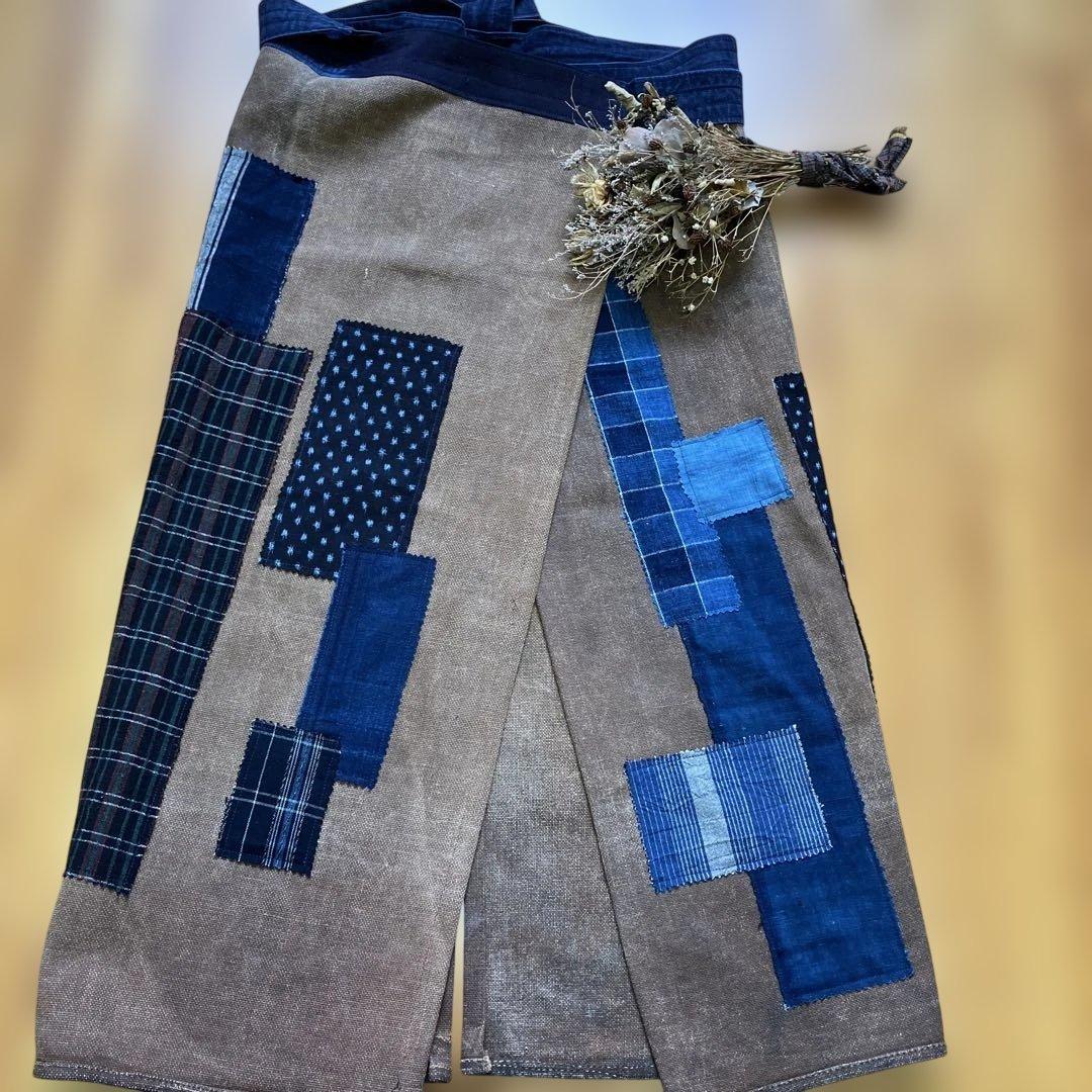 柿渋染め酒袋古布型染め雪ん子格子、縞木綿庄内刺し子ポケットリメイク前掛け男女兼用