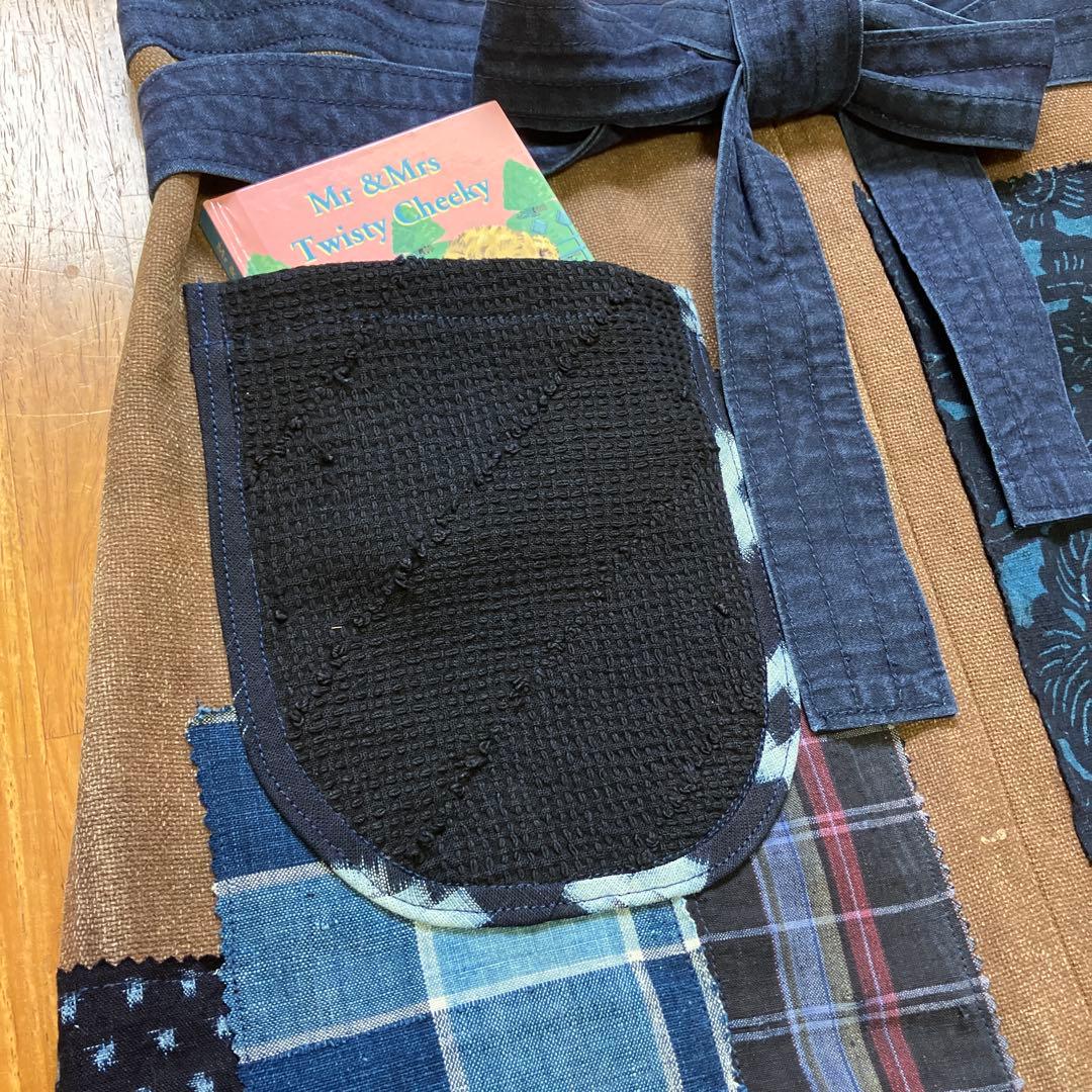 柿渋染め酒袋古布型染め雪ん子格子、縞木綿庄内刺し子ポケットリメイク前掛け男女兼用